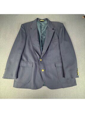 American Trend Mens 48R Navy Blue Blazer Gold Crest Buttons Two Button Jacket